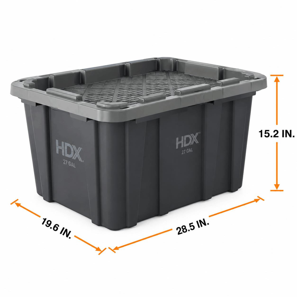 Black moving tote with dimensions: 28.5 inches long, 19.6 inches wide, 15.2 inches high