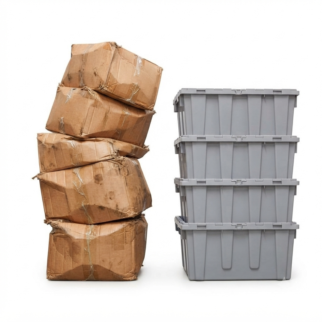 Cardboard boxes stacked messily next to neat reusable moving totes